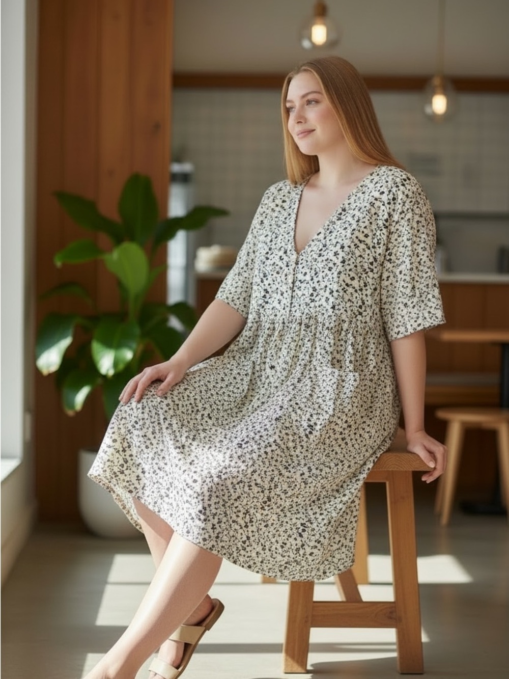 Polagram Floral Babydoll Midi Cottagecore Boho Button Front Pocket Dress
